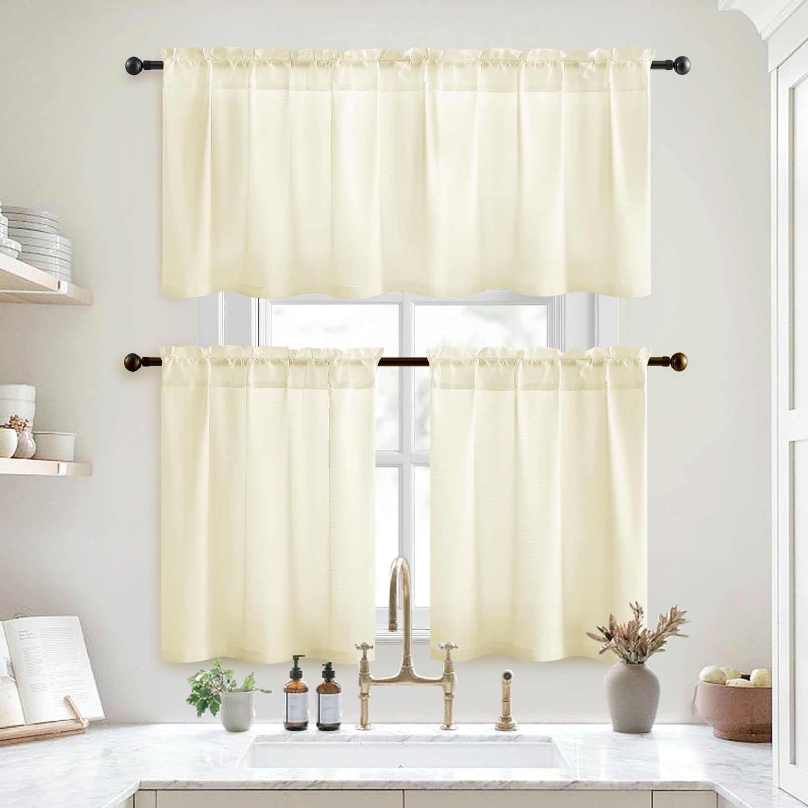 Homeideas Cream Yellow Kitchen Curtains 30 X 36 Inches 2 Panels Set Non-See-Through Privacy Semi Sheer Short Window Curtains Fis